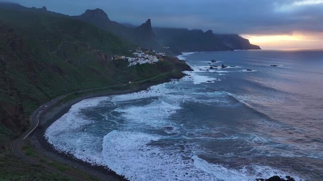 Almaciga Beach in northern Tenerife. Anaga Rural Park. Canary Islands. Aerial video.