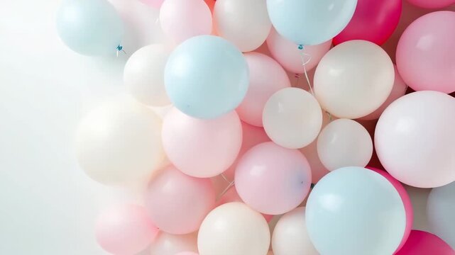 Different balloons in soft colors are arranged on a light surface. The colors include pink, blue, and white. They add decoration to a space for a gathering or event