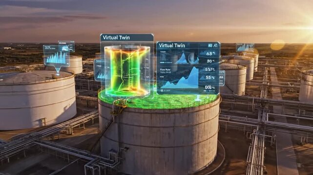 Advanced Industrial Petrochemical Storage Tank Farm Featuring Digital Data Analytics Interface Overlay and Smart Energy Management Visualization Technology in a Modern Refinery Complex
