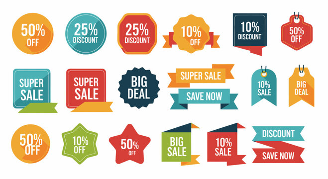 Colorful sale discount labels and badges.