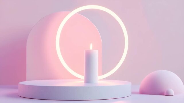 A candle is placed in the center of a simple setup with soft colors and shapes. The light from the candle and ring creates a warm and inviting atmosphere