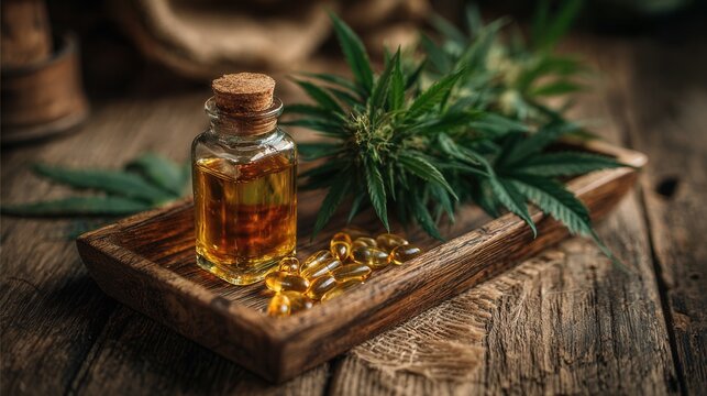 wooden tray with cbd oil capsules and glass bottle surrounded by cannabis leaves on rustic wooden table, wellness and natural remedy concept