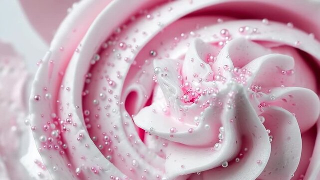 The process of making dessert with pink icing. The chef designs the icing with soft swirls and adds colorful sprinkles. Fun kitchen moments filled with creativity flourish