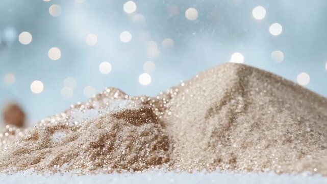 Golden particles drift and settle on a smooth surface, producing a glittering effect. The light reflects off the particles, adding a warm glow to the scene and creating a visual display