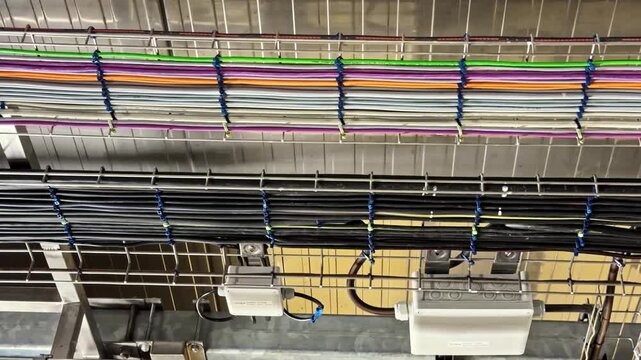 Close-up panning view of neatly organized multicolored cable trays with green purple orange blue gray black bundles secured by ties on metal racks in hygienic food processing plant ceiling interior