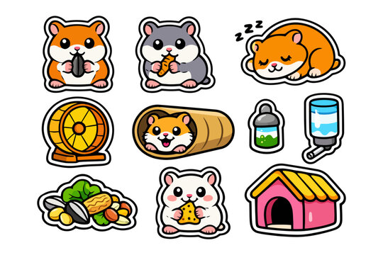 Cute cartoon hamsters and accessories with food, wheel, tunnel, and house.