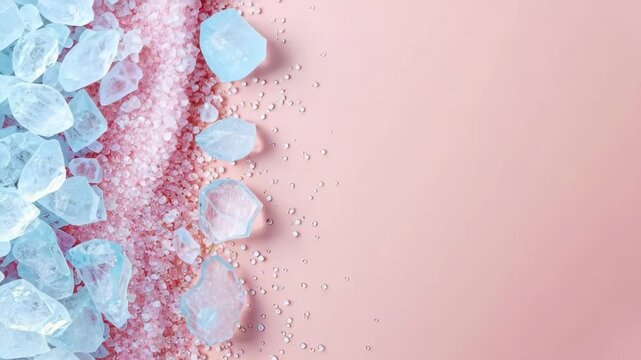 Close-up images show patterns of sugar crystals resting on a smooth pink surface. Water droplets add interest to the shapes and colors of the crystals