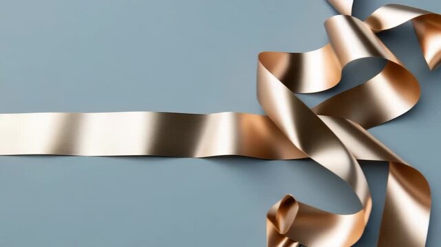 A metallic ribbon lies on a flat blue surface. The ribbon is arranged in smooth curves, showcasing its shine and color. This setup highlights the simple beauty of the ribbon