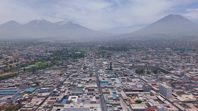 Aerial view of Arequipa's white stone buildings and mountains