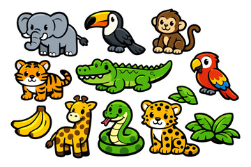 Fototapeta premium Colorful cartoon jungle animals collection featuring elephant, toucan, tiger, and more.