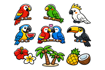 Fototapeta premium Colorful tropical birds and elements: parrots, toucans, palms, and fruits.