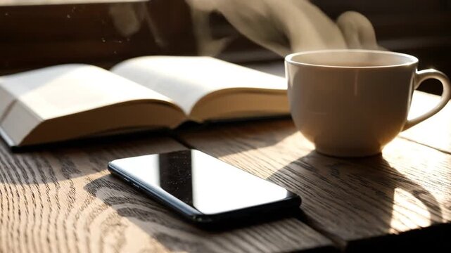 Cozy morning scene with an open book, steaming coffee mug, and smartphone on a wooden table by a window during golden hour