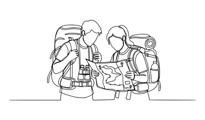 Obraz premium A minimalist line art illustration of two hikers with backpacks studying a map
