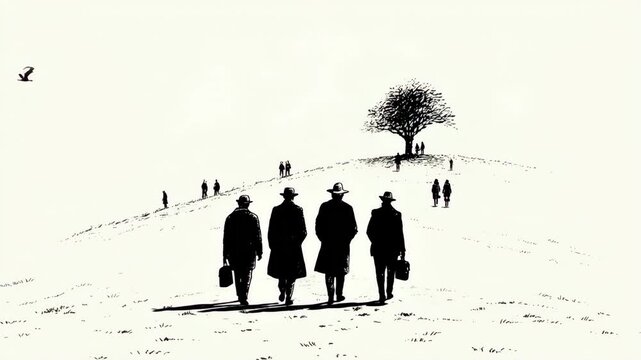 Silhouetted men in coats and hats walking up snowy hill to lone tree. Group journey sequence with birds and gathering figures in minimalist black white landscape.