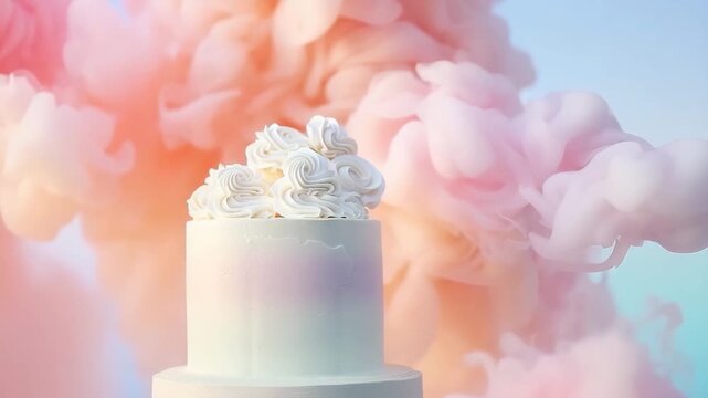 A cake is placed in a cloud of colorful smoke during an event. The unique design features swirls and decorations. The scene captures a creative moment in baking