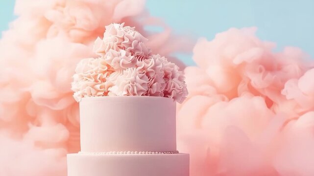 A cake with white layers and pink frosting stands against a soft pink cloud background. This display highlights dessert decoration for parties and gatherings with sweet treats