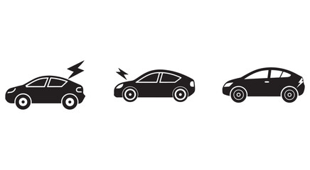 Fototapeta premium Three black car silhouettes with lightning bolt icons for electric or hybrid vehicle concepts side views on white background
