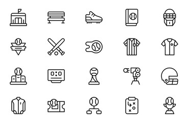 Fototapeta premium Baseball and Sports Club Line Icon Set for Team Games, Baseball Equipment, Training, Competition and Recreation Outline Vector Collection