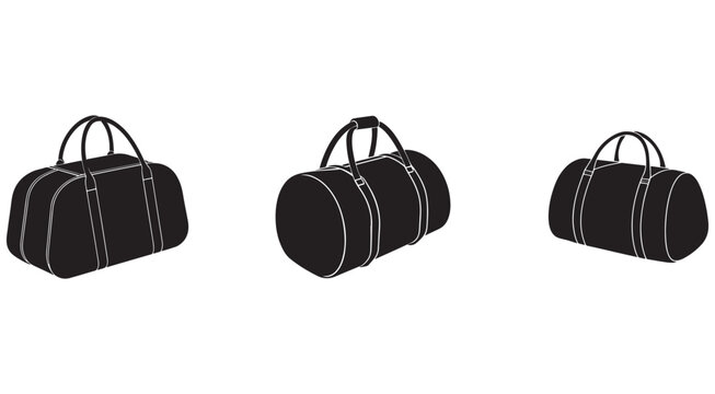 Three black duffel bags with white outlines in different orientations for travel or sports  isolated on white background