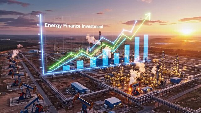 Industrial landscape featuring oil pump jack rigs integrated with a rising financial graph representing energy sector investment, economic prosperity, and global fuel market development.