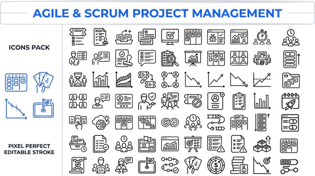 Agile Scrum Project Management Icon Set 50 Pack - Sprint Planning Kanban Board Software Development Workflow Pixel Perfect Editable Stroke Outline Vector
