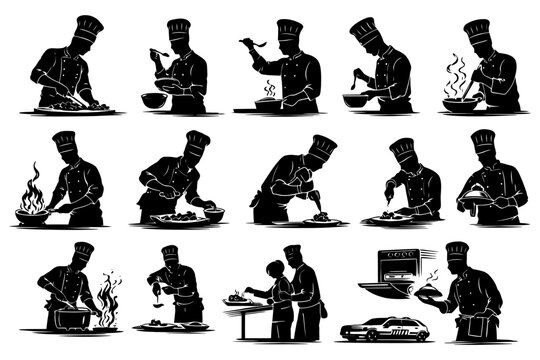 Silhouette illustrations of chefs cooking in various poses.