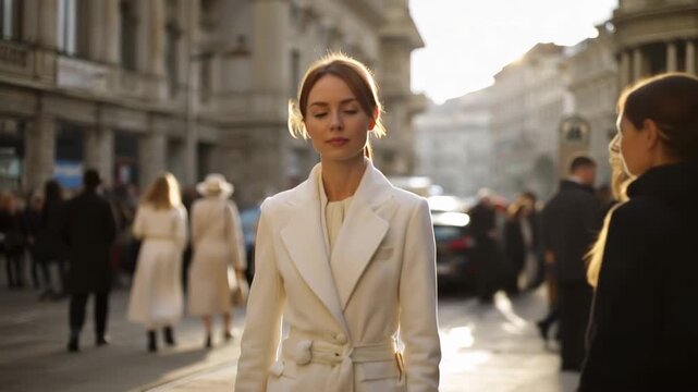 Guest in a stylish white dress coat poses confidently in a bustling city street during a lively event in the late afternoon