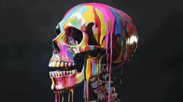 Vibrant skeletal form with skull painted in bright colors and dripping paint accents