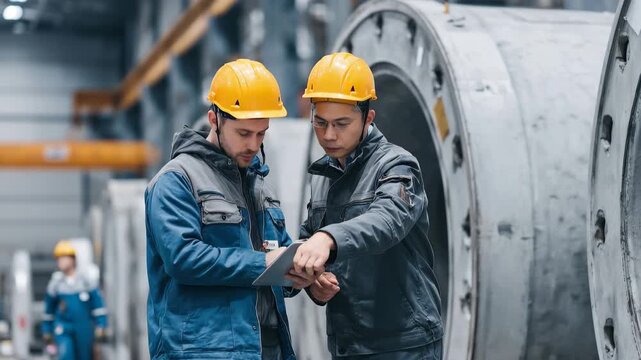 Engineers inspect equipment and control processes in a manufacturing facility during the day