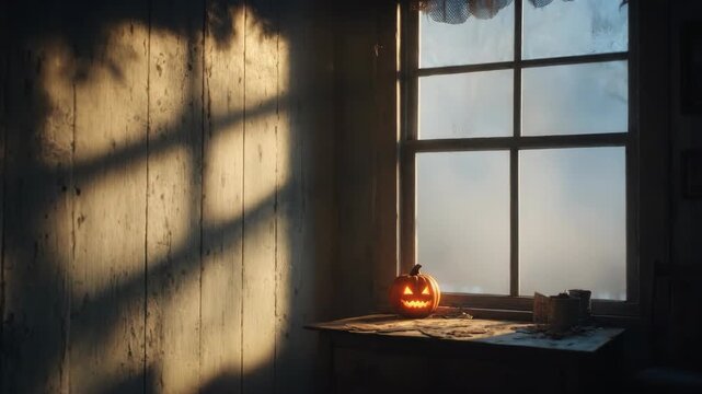 Jack-o-lantern glowing by foggy window. Halloween pumpkin lit in cozy room sequence. Autumn spooky illumination and atmospheric steam effect