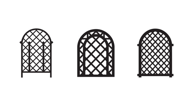Three black metal arched trellis panels for climbing plants and garden decoration  various sizes and designs  home and garden accessories