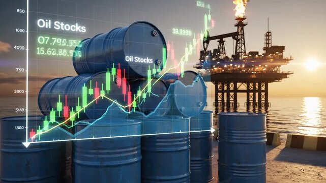 Industrial oil barrels set against a rising financial stock market graph and a silhouette of a drilling rig at sunset, representing global energy commodity trading and investment growth.
