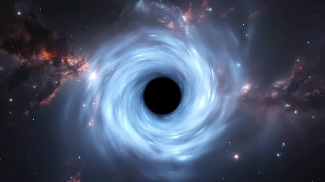 Cosmic black hole swirling in space with bright accretion disk and nebula background