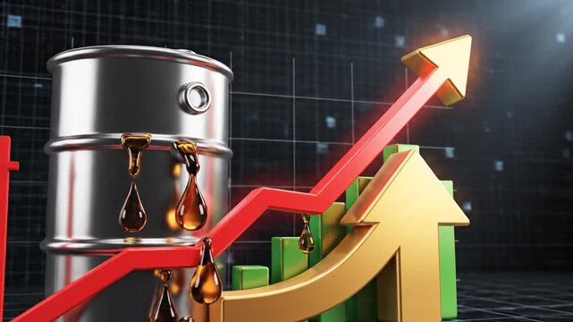 3D industrial oil barrel icon with falling fuel drops featuring economic growth chart and rising arrow signifying increasing global energy prices and crude market inflation concept.