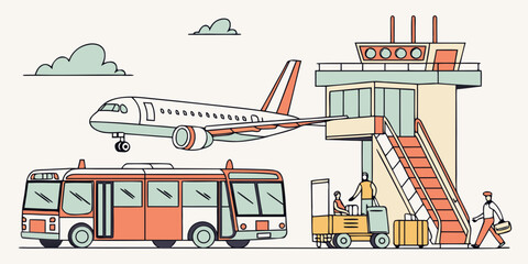 Airplane boarding with luggage cart and bus at airport gate © jaman