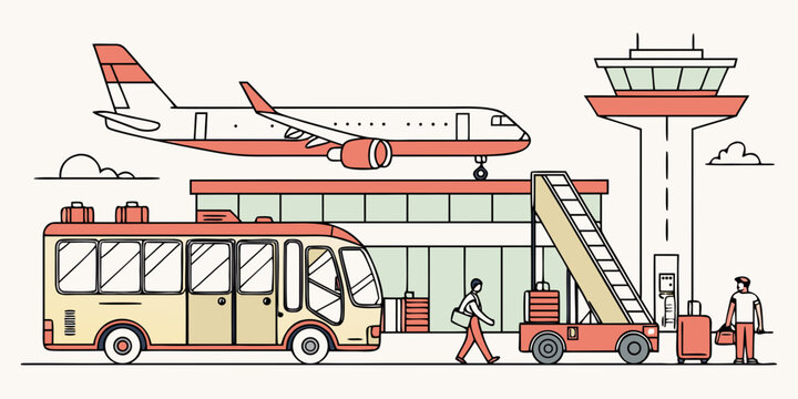 Airport scene with bus plane and people