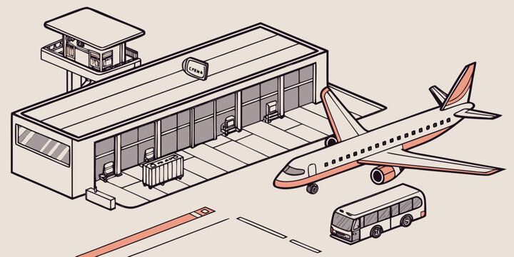 An airport terminal with a plane and a bus