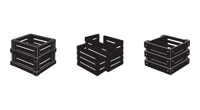Three black wooden crates with slats and metal bolts on white background  stacked boxes for storage and transportation