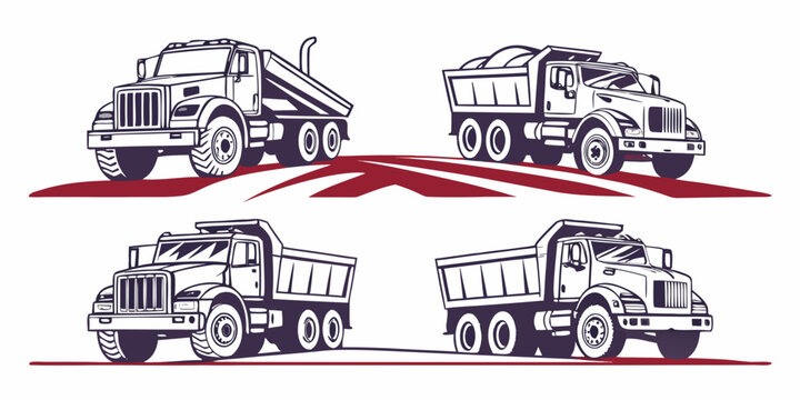 Four different dump trucks on a road
