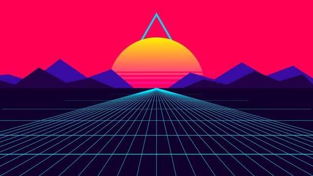 Retro 80s Synthwave Landscape with Glowing Sun and Grid