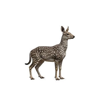 Spotted faun standing alertly with large ears and speckled fur pattern mythical creature