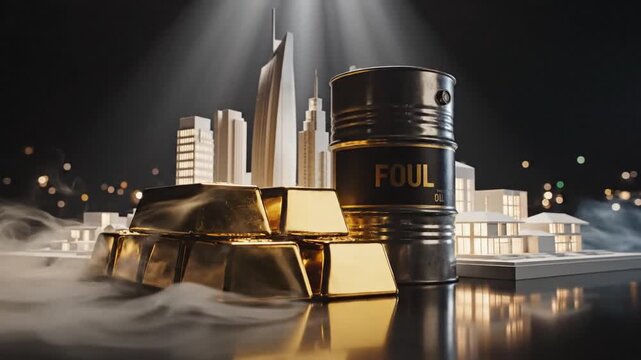 Financial investment strategy showcasing miniature house for real estate, stacked gold bullion bars, and crude oil barrel drum representing commodity market growth and diverse wealth assets.