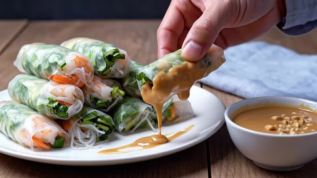 Fresh Spring Rolls With Shrimp and Vegetables Dipped in Peanut Sauce