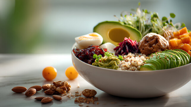 Modern healthy bowl with gut friendly ingredients fermented foods vegetables grains and healthy fats showcasing microbiome and metabolism nutrition