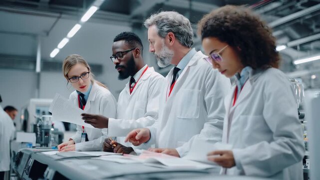 Diverse international team of industrial scientists collaborates on research projects in a modern laboratory environment during a busy workday