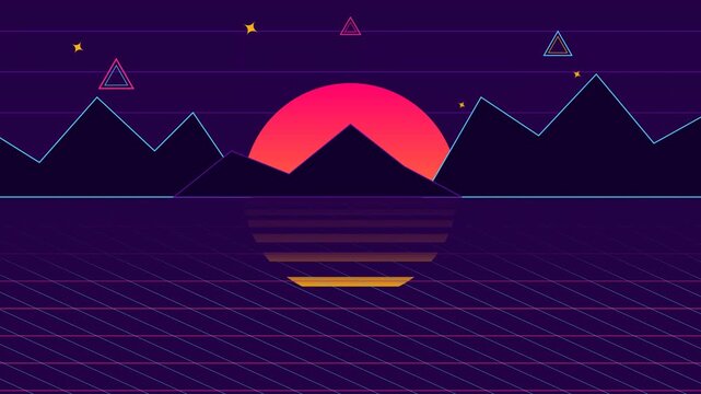 Retro Synthwave Background with Neon Mountains and Sun