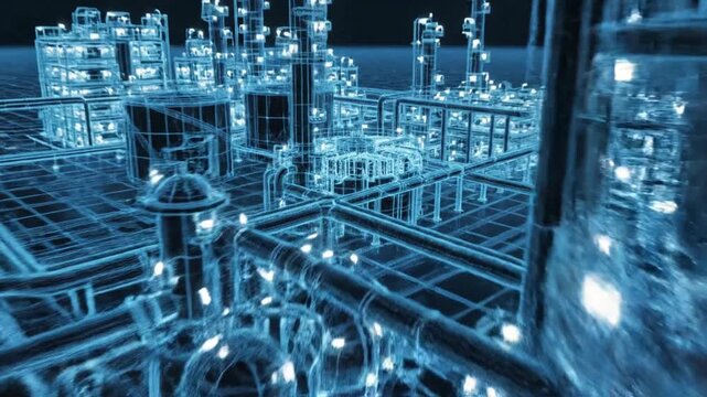 Aerial view zooming towards a blue neon wireframe oil refinery industrial complex in a futuristic cyberpunk digital style featuring glowing structure lines and 3D geometric rendering.
