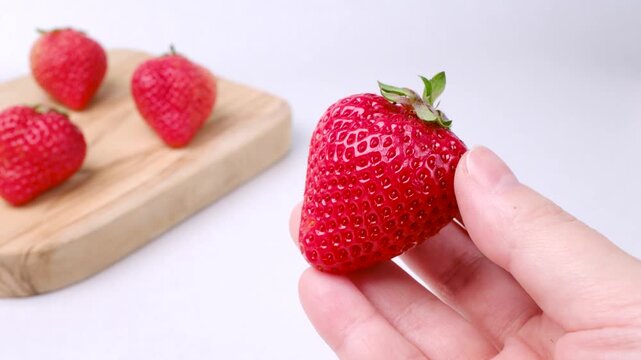 木のボードの前で手持ちしたあまおう苺