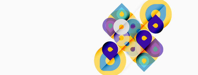 Obraz premium Abstract geometric shapes overlap, creating vibrant color patterns. Blue, yellow, purple dominate design. Minimalist aesthetic.