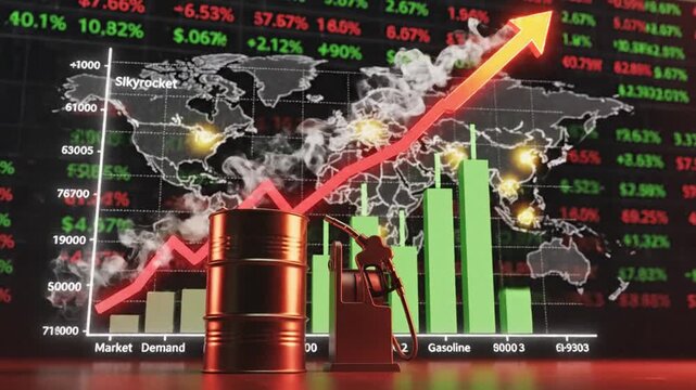 Illustration of soaring gasoline and oil prices on a global market stock chart, depicting a dramatic financial hike, rising fuel demand, and economic surge through an upward trending diagram.